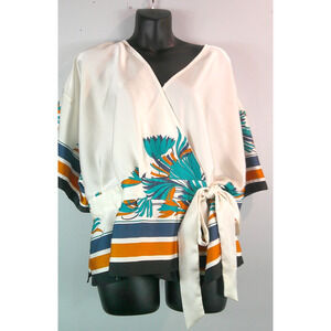 Nine West Wrap Silky Blouse Women's XXL Navy Blue Cream Side Tie Kimono Style